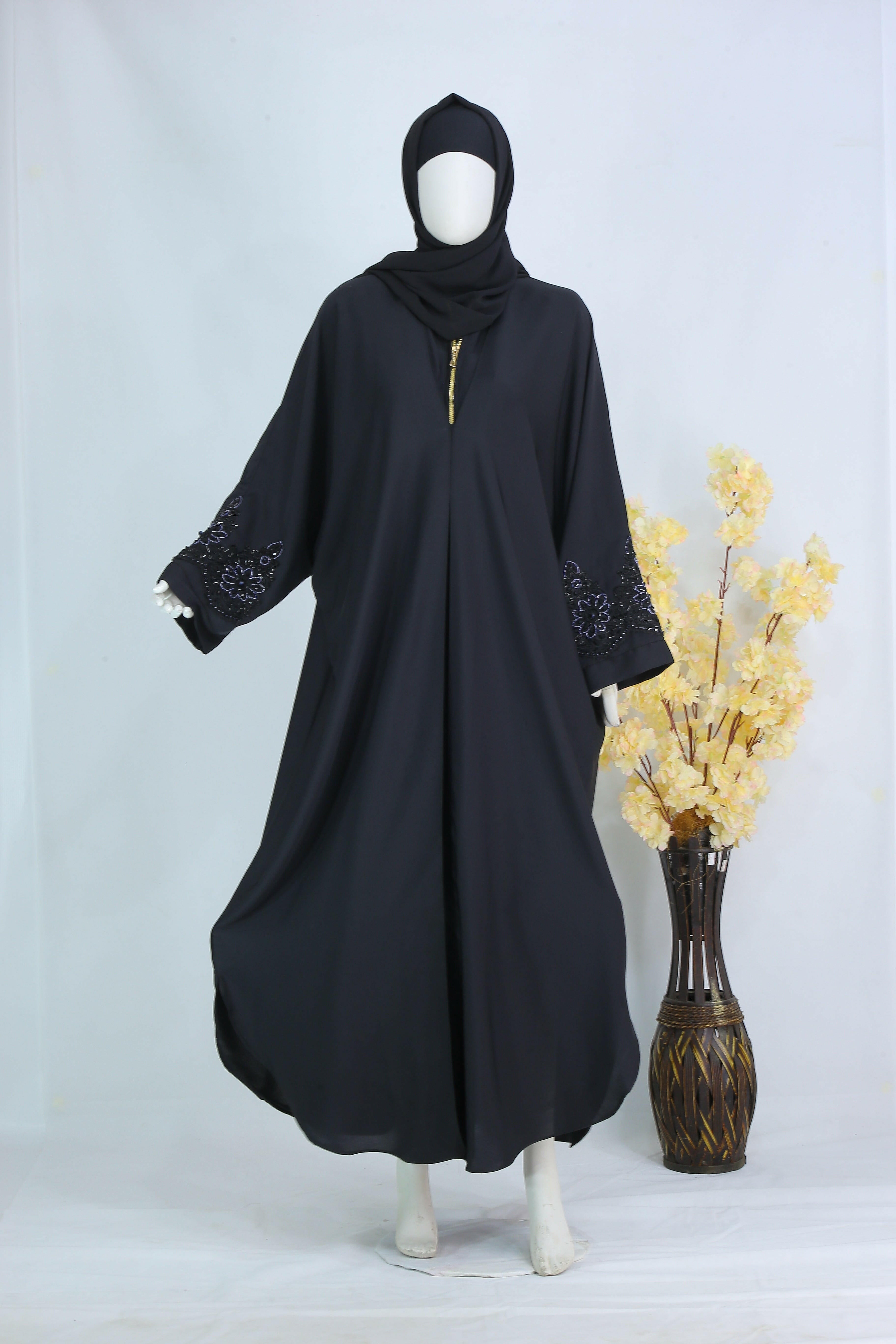 Clarity Glam luxury abaya with scarf in black featuring embroidered sleeves and gold zipper detail